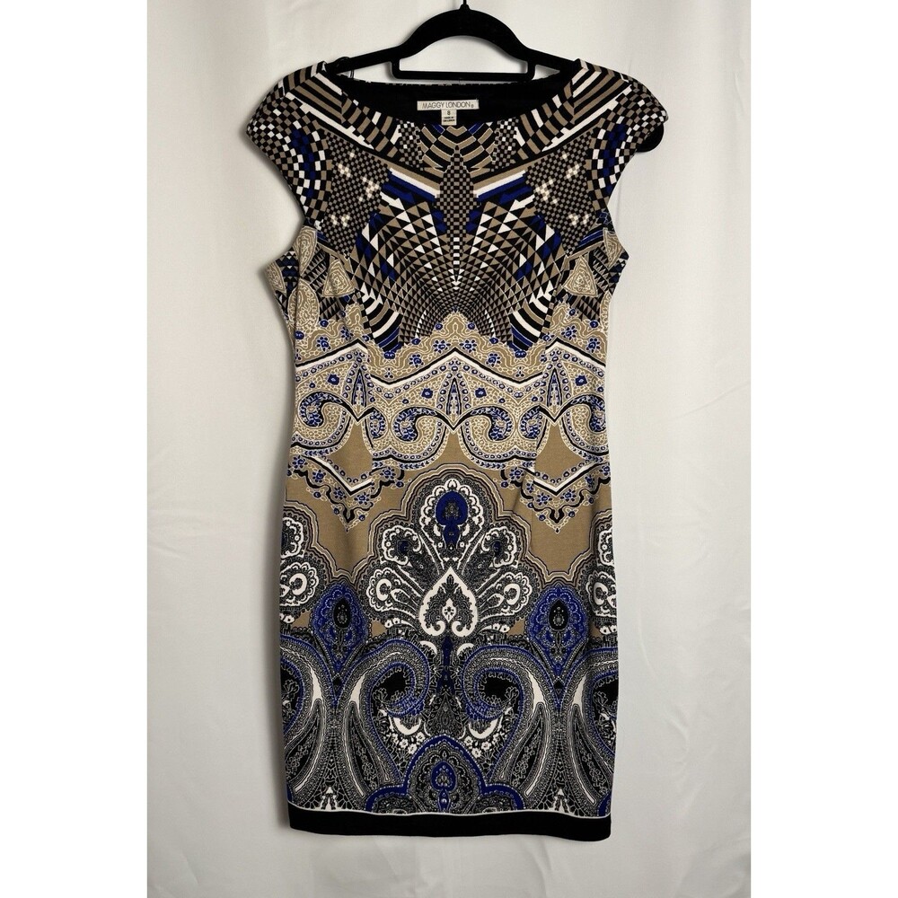 Maggy London Size 8 Navy Brown Artsy Geometric Abstract Cap Sleeve Sheath Dress
